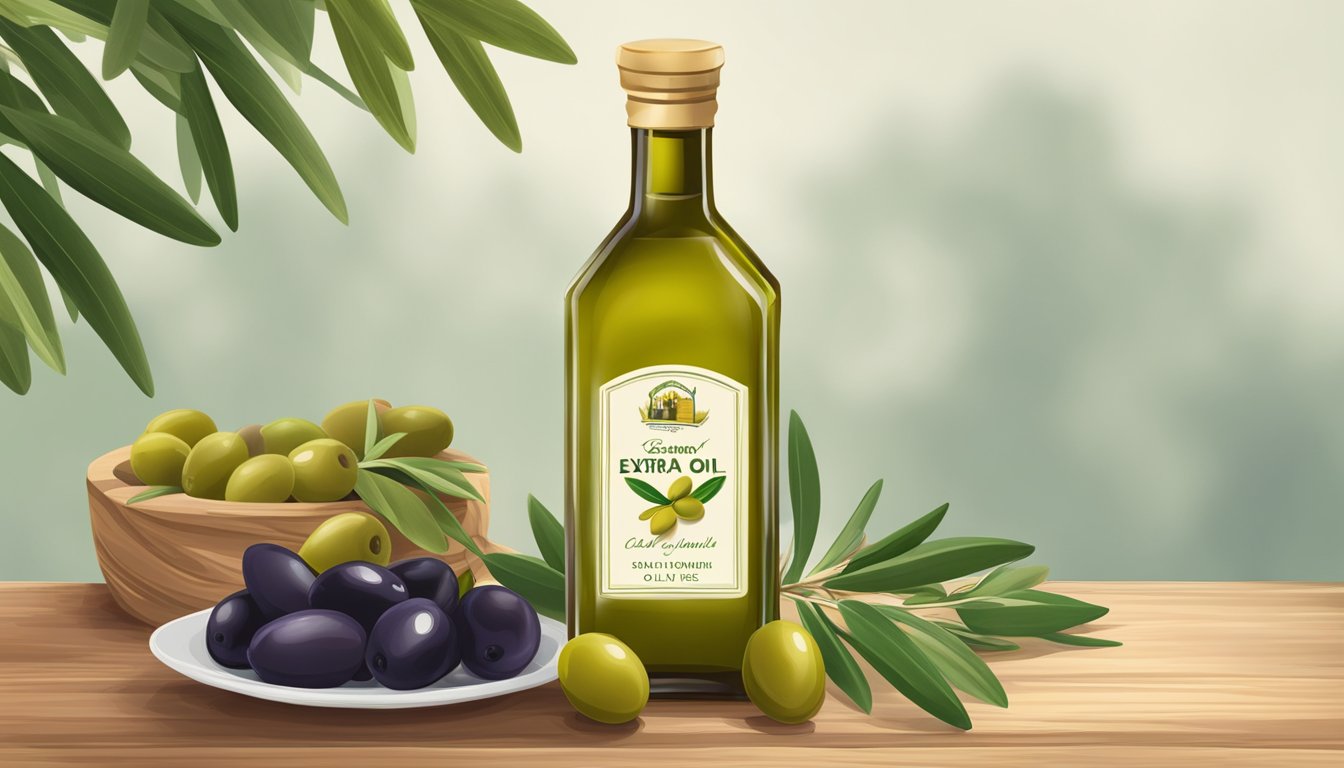 A bottle of top brand extra virgin olive oil sits on a wooden table, surrounded by fresh olives and green leaves