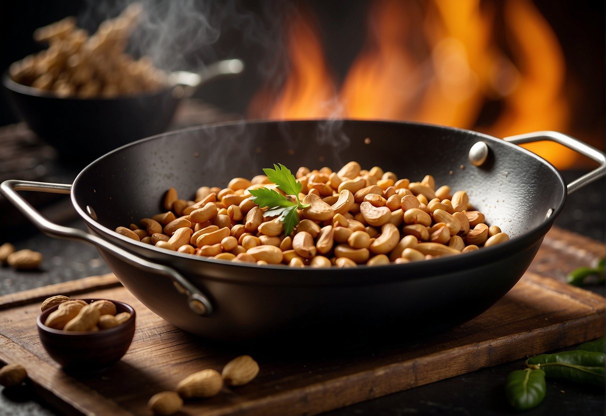 A wok sizzles with peanuts, soy sauce, ginger, and star anise. Steam rises as the peanuts braise in a rich, savory sauce