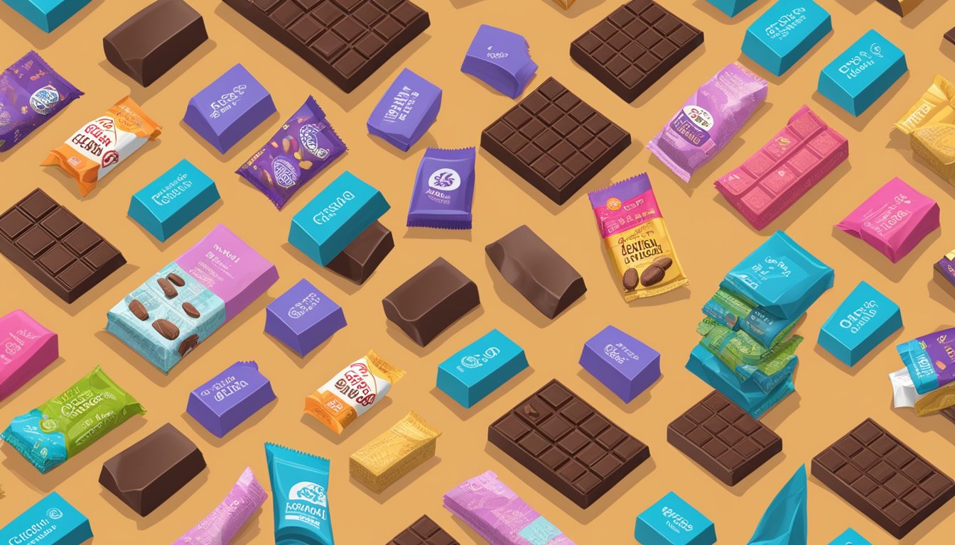 A table with a list of the top 20 chocolate brands in the world, surrounded by colorful wrappers and cocoa beans