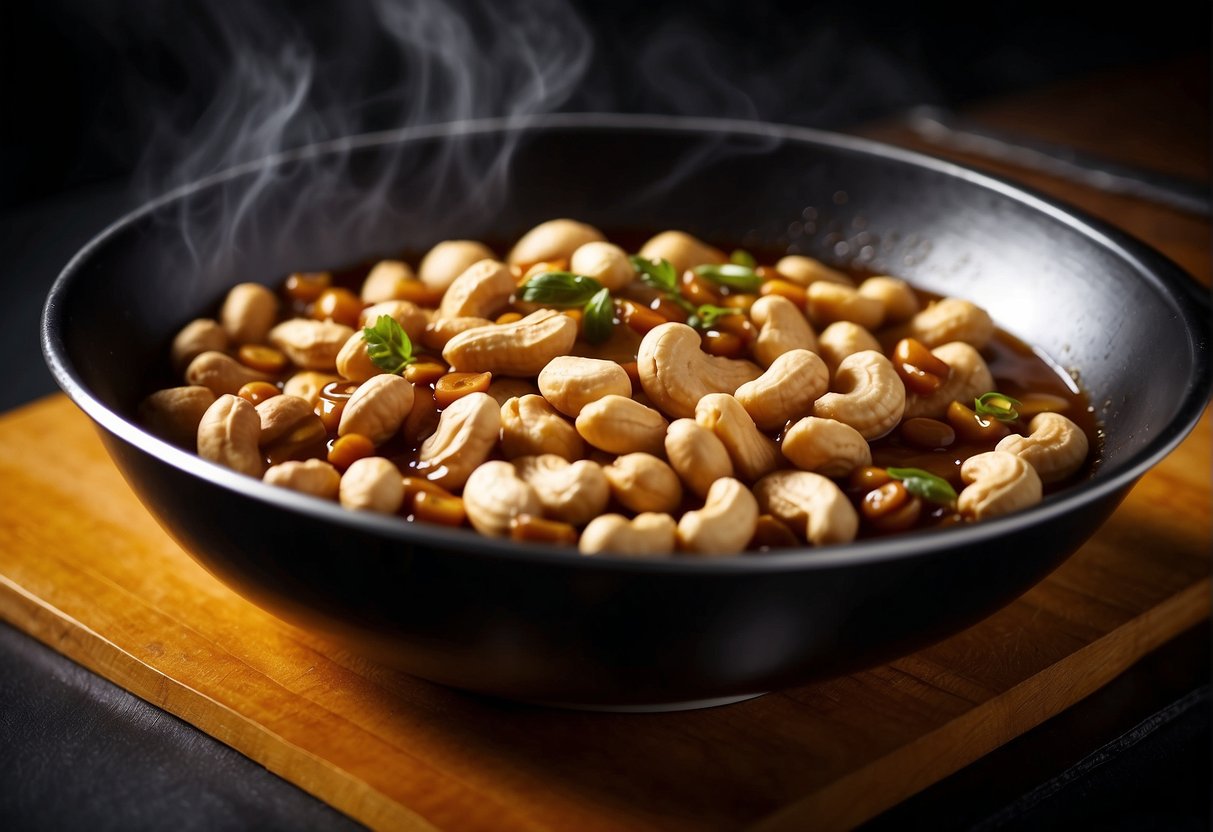 Peanuts simmer in soy sauce, ginger, and spices in a bubbling wok. A rich aroma fills the air as the peanuts turn glossy and caramelized