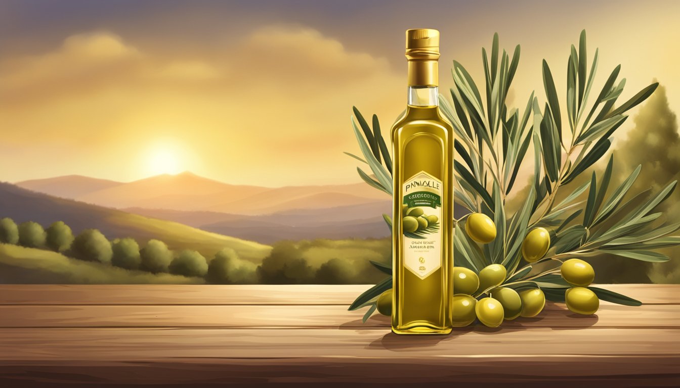 A bottle of Pinnacle of Olive Oils sits on a rustic wooden table, surrounded by fresh olives and olive branches, with a golden glow highlighting its premium quality
