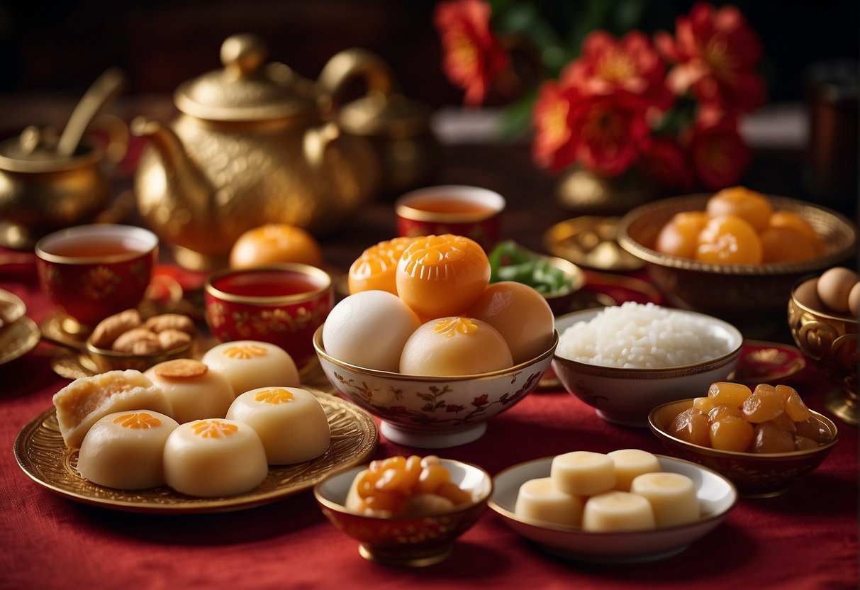 A festive table with assorted Chinese New Year desserts, including tangyuan, nian gao, and rice cakes, surrounded by decorative red and gold accents