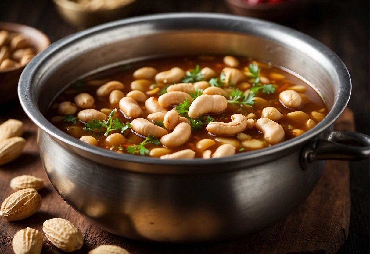 A pot of simmering braising liquid with peanuts and aromatic Chinese sauces