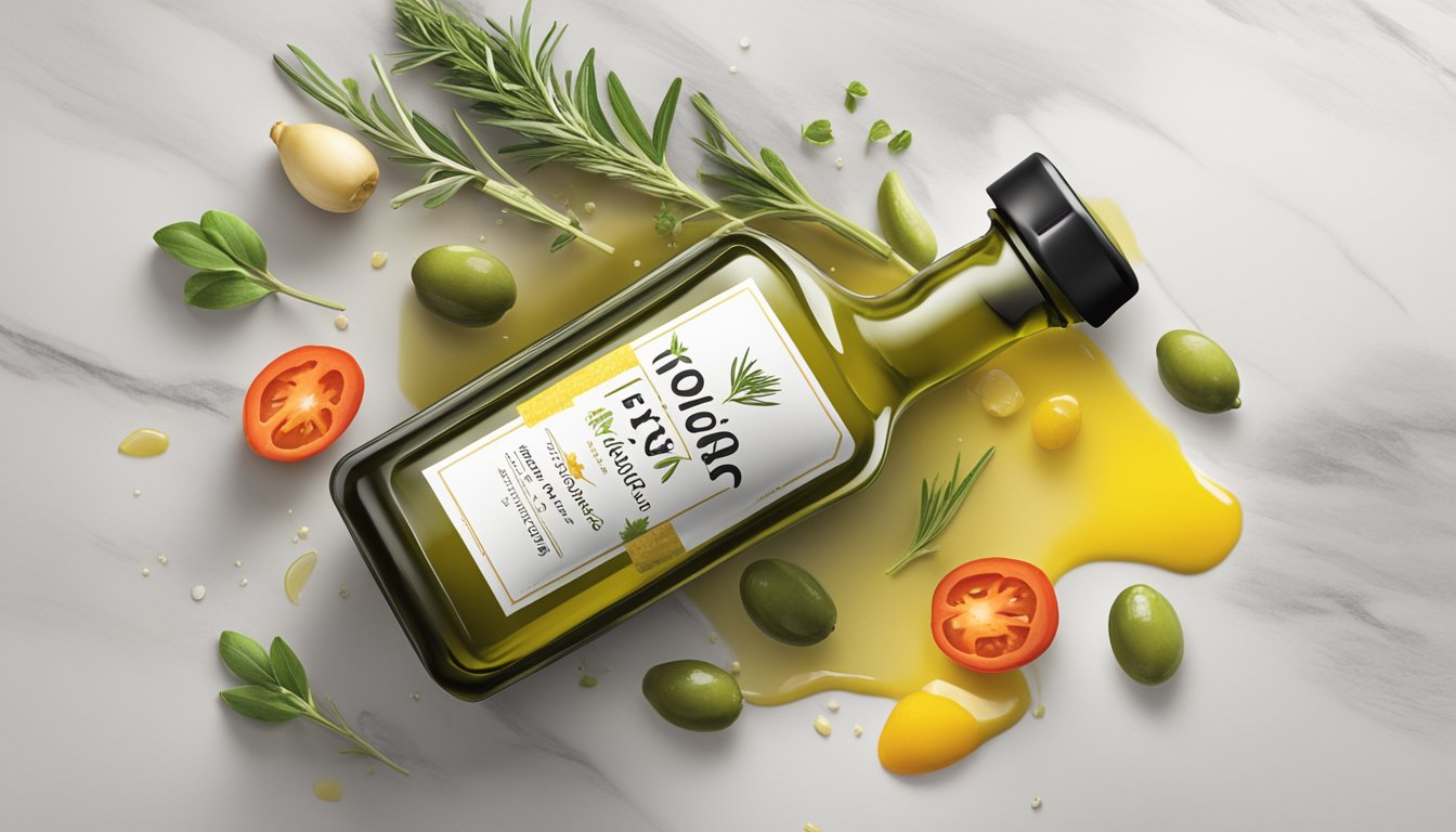 A bottle of top brand extra virgin olive oil sits on a marble countertop, with a drizzle of oil cascading down the side of the bottle. A scattering of fresh herbs and colorful vegetables surrounds the bottle, adding a pop of color to the