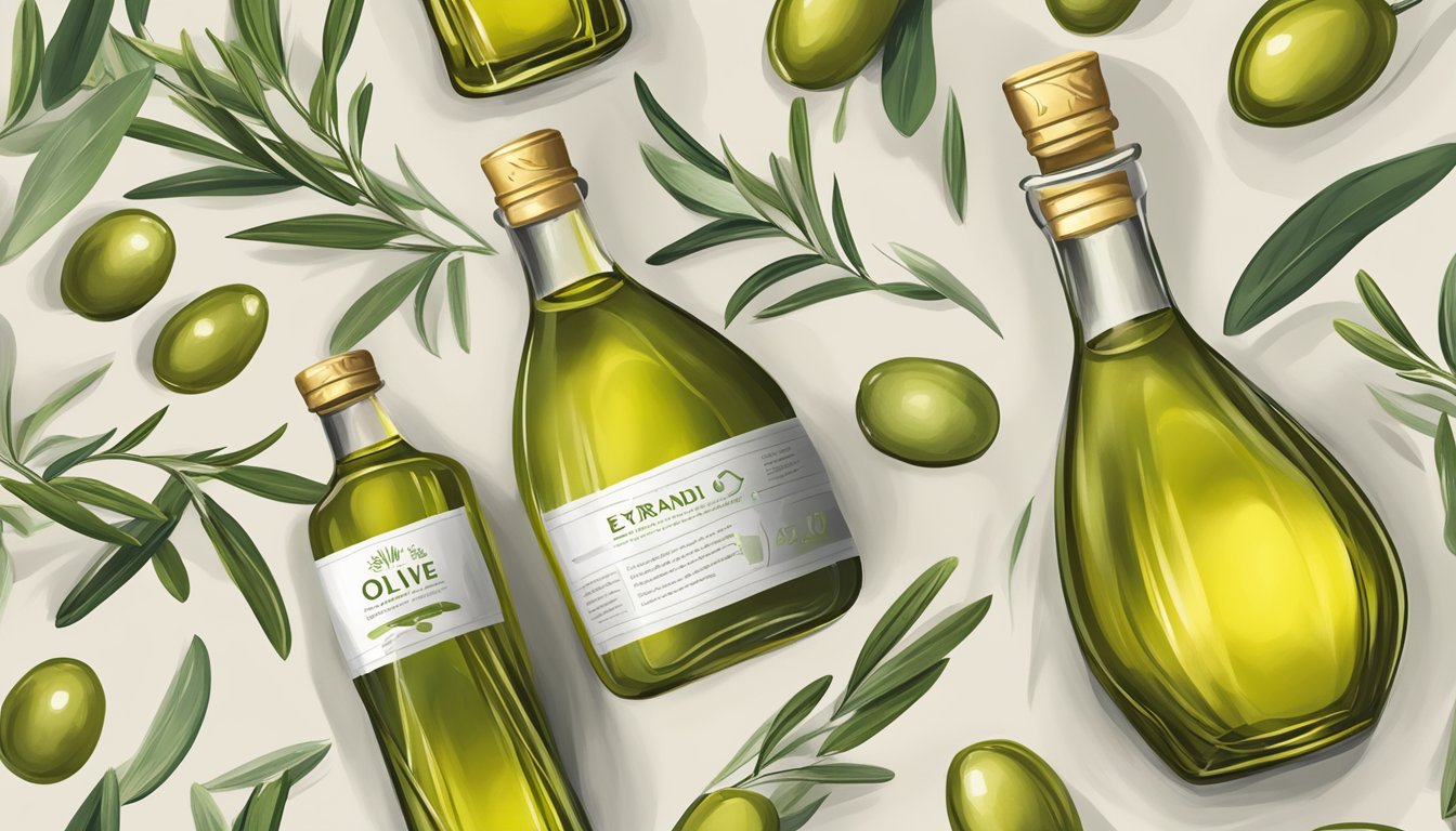 A bottle of top brand extra virgin olive oil surrounded by a stack of frequently asked questions