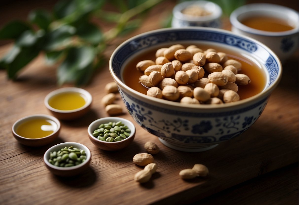 A bowl of Chinese braised peanuts sits on a wooden table, accompanied by a small dish of green tea. A pair of chopsticks rests beside the bowl, ready for serving