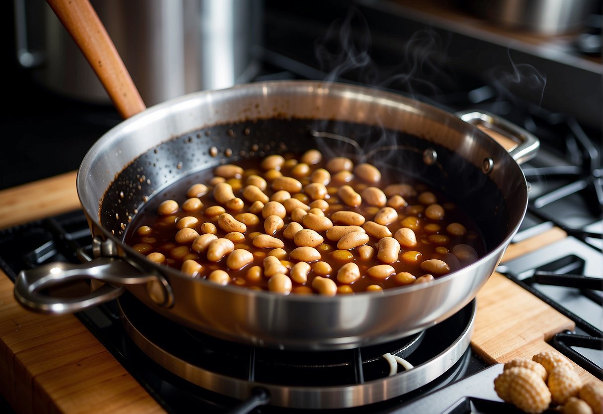 Peanuts simmer in soy sauce, ginger, and spices in a bubbling pot on a stovetop. A wooden spoon stirs the mixture as steam rises