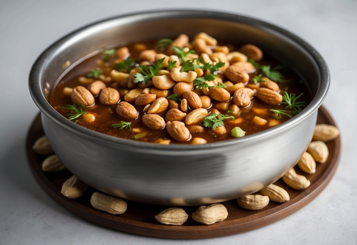 A pot simmering with peanuts in a savory soy-based sauce, surrounded by aromatic spices and herbs