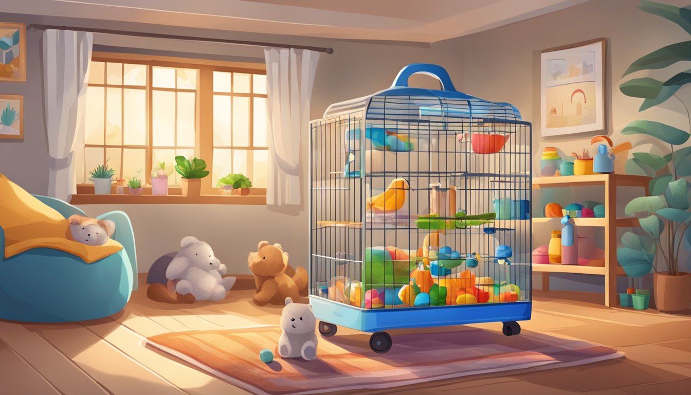 A cozy cage with toys and bedding, food and water dispensers, and a wheel for exercise. Bright, warm lighting and a peaceful, clutter-free environment
