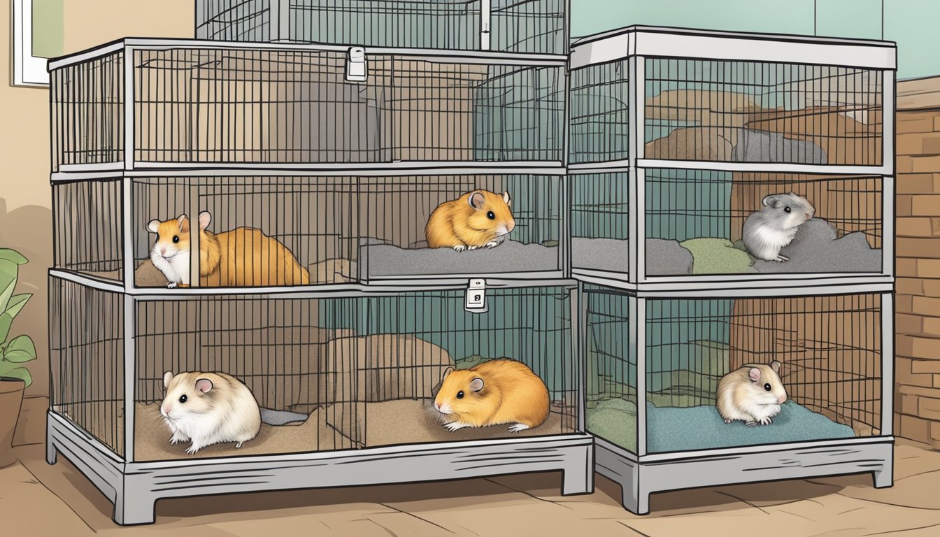 A pet store display with Syrian hamsters in cages, labeled "Frequently Asked Questions: Where to buy Syrian hamsters in Singapore."
