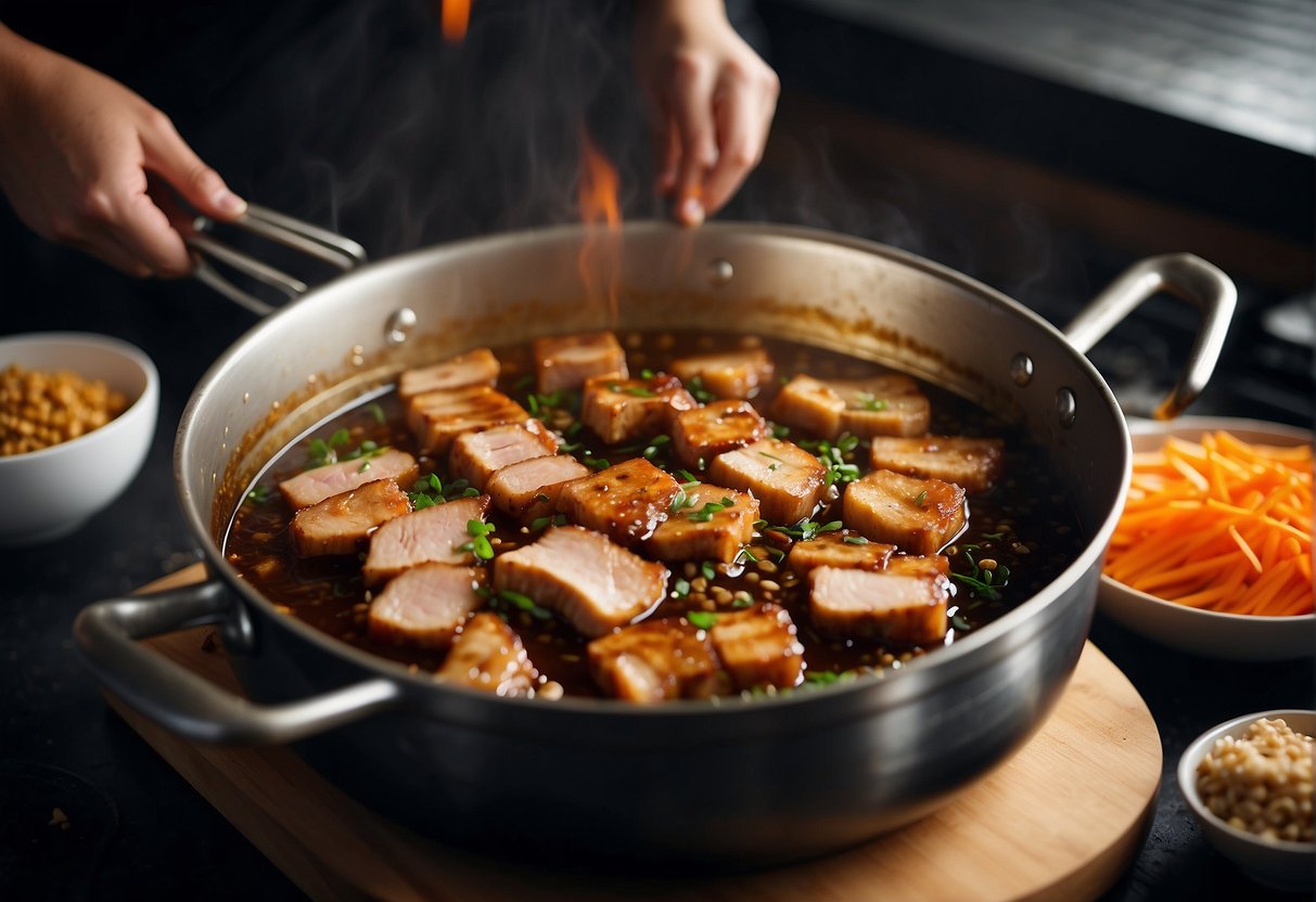Pork belly being marinated in soy sauce, ginger, and spices in a large pot. Onions and garlic being sautéed in a separate pan