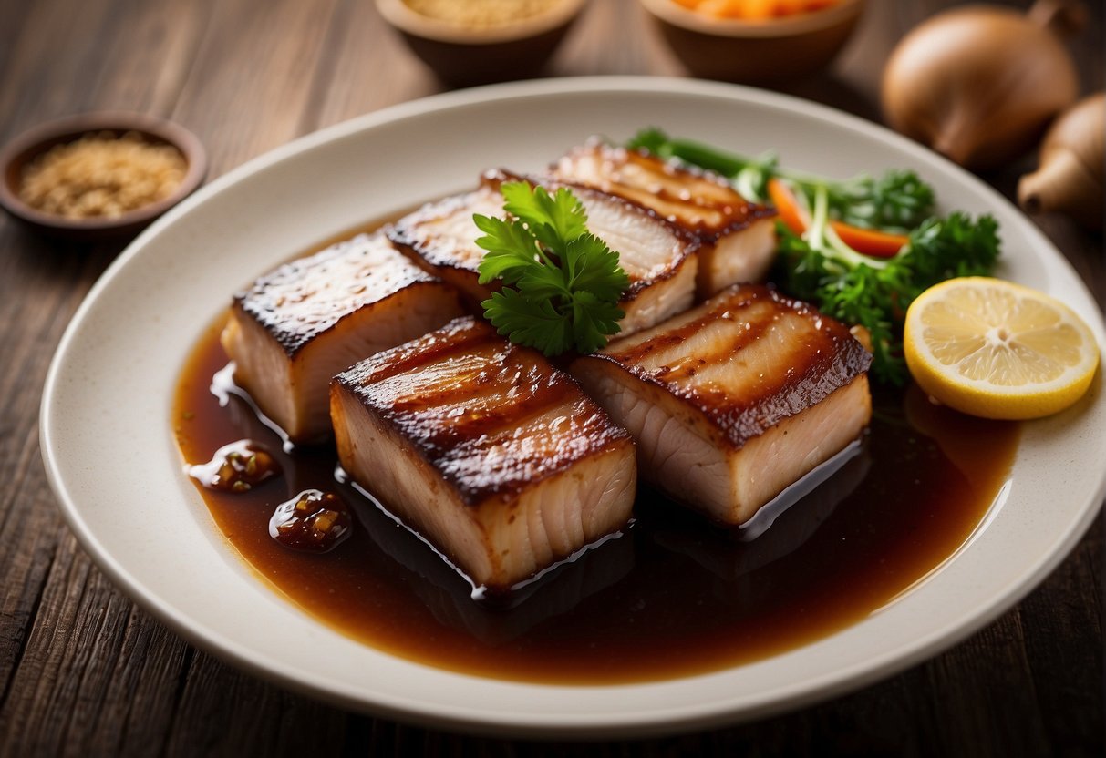Pork belly simmers in soy sauce, ginger, and spices, filling the air with a rich, savory aroma