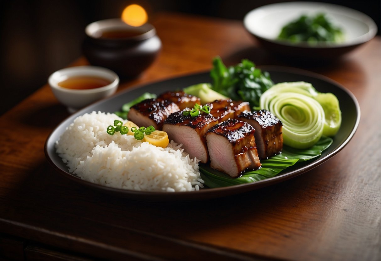 A platter of Chinese braised pork belly with steamed bok choy and a side of jasmine rice, paired with a glass of oolong tea