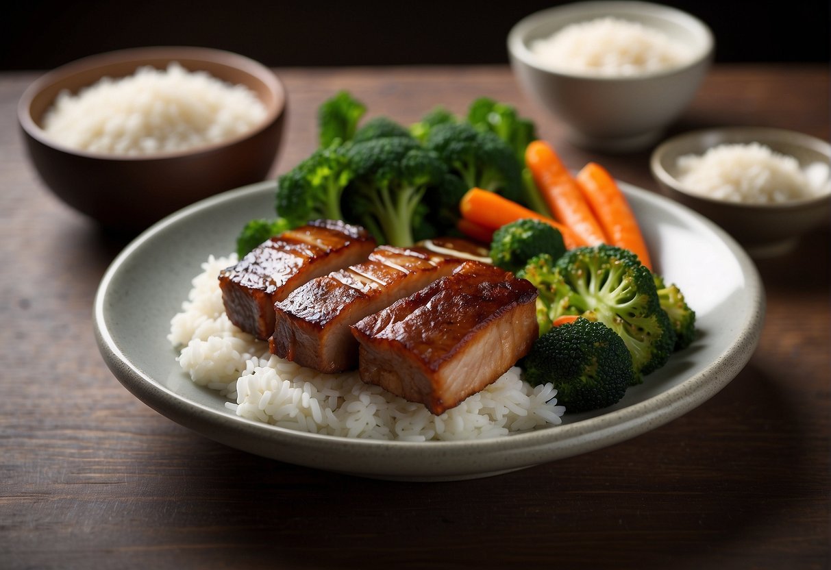 A plate of Chinese braised pork belly with a side of steamed vegetables, accompanied by a bowl of white rice
