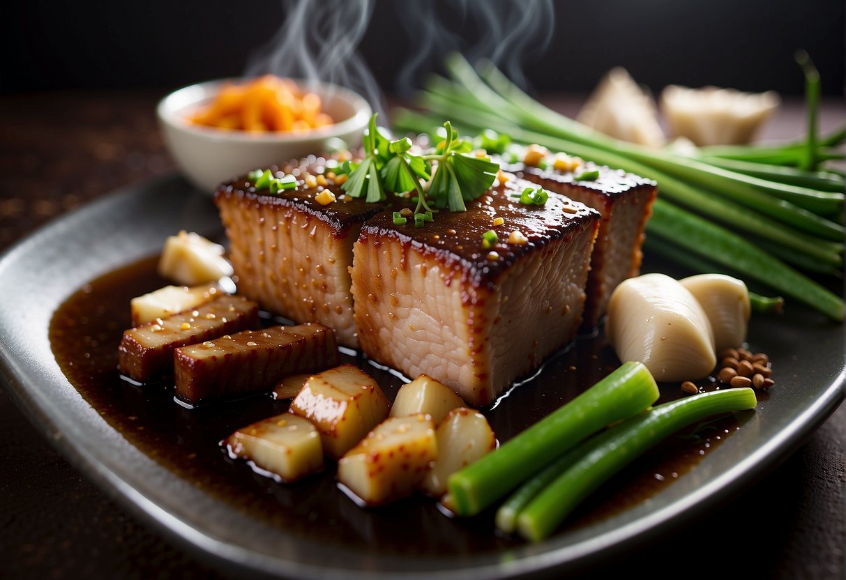 A simmering pot of Chinese braised pork belly with aromatic spices and soy sauce, surrounded by ingredients like ginger, garlic, and green onions