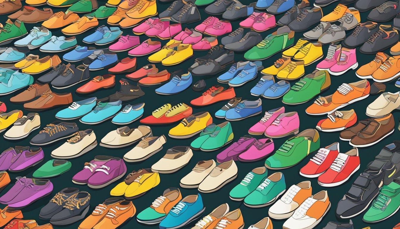 A bustling street market in Singapore showcases rows of colorful Warrior shoes with discounted price tags. Shoppers eagerly browse through the selection, eager to find the best deal