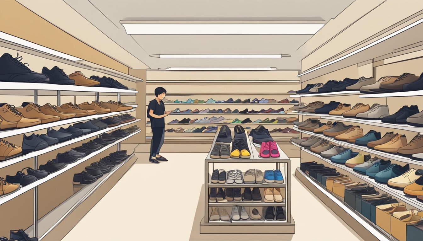 A bustling shoe store in Singapore, with shelves stocked with sleek and sturdy warrior shoes. Customers browse and inquire about the products