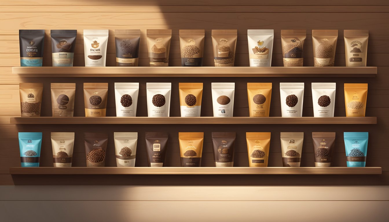 A display of top coffee bean brands arranged on a wooden shelf with rustic bags and labels. Sunlight streams in, casting warm shadows on the rich, aromatic beans