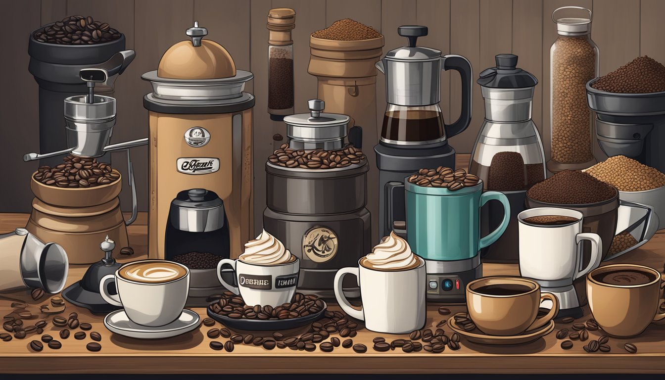 A table with various coffee bean brands displayed, surrounded by coffee-related items like mugs and grinders