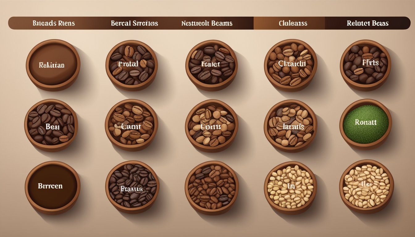 A variety of coffee beans in different roasts are arranged on a wooden table, with labels indicating the top brands