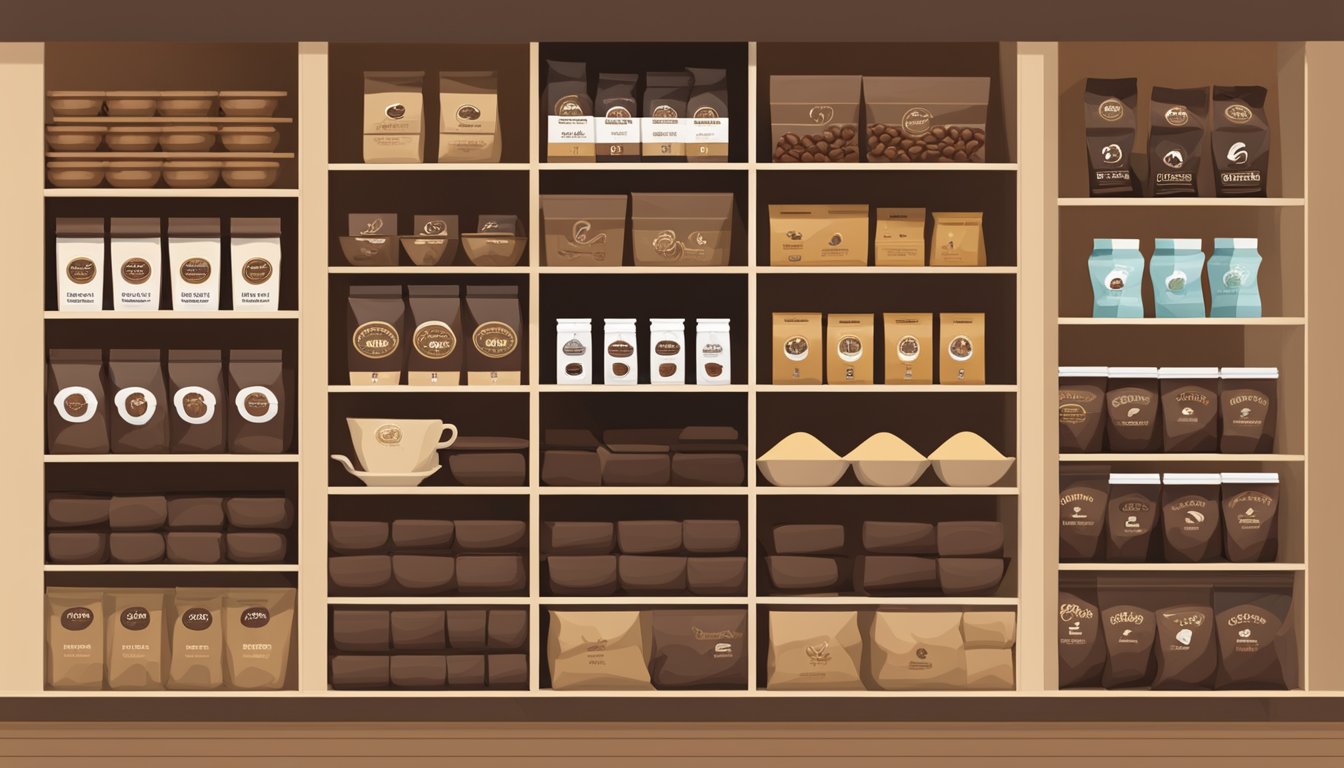 A display of top coffee bean brands with a "Frequently Asked Questions" sign above. Various bags and containers of coffee beans are arranged neatly on shelves