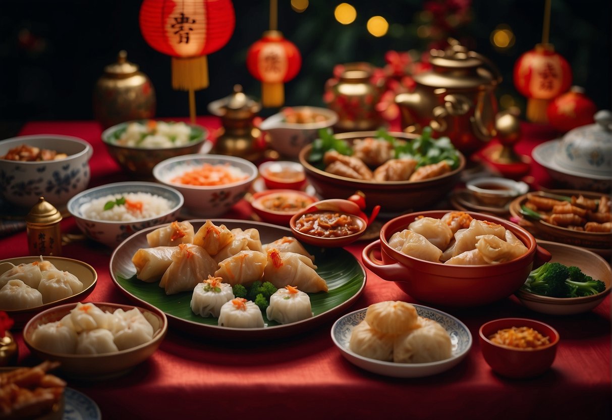 A table with traditional Chinese New Year dishes, including dumplings, spring rolls, and fish, surrounded by festive decorations and red lanterns
