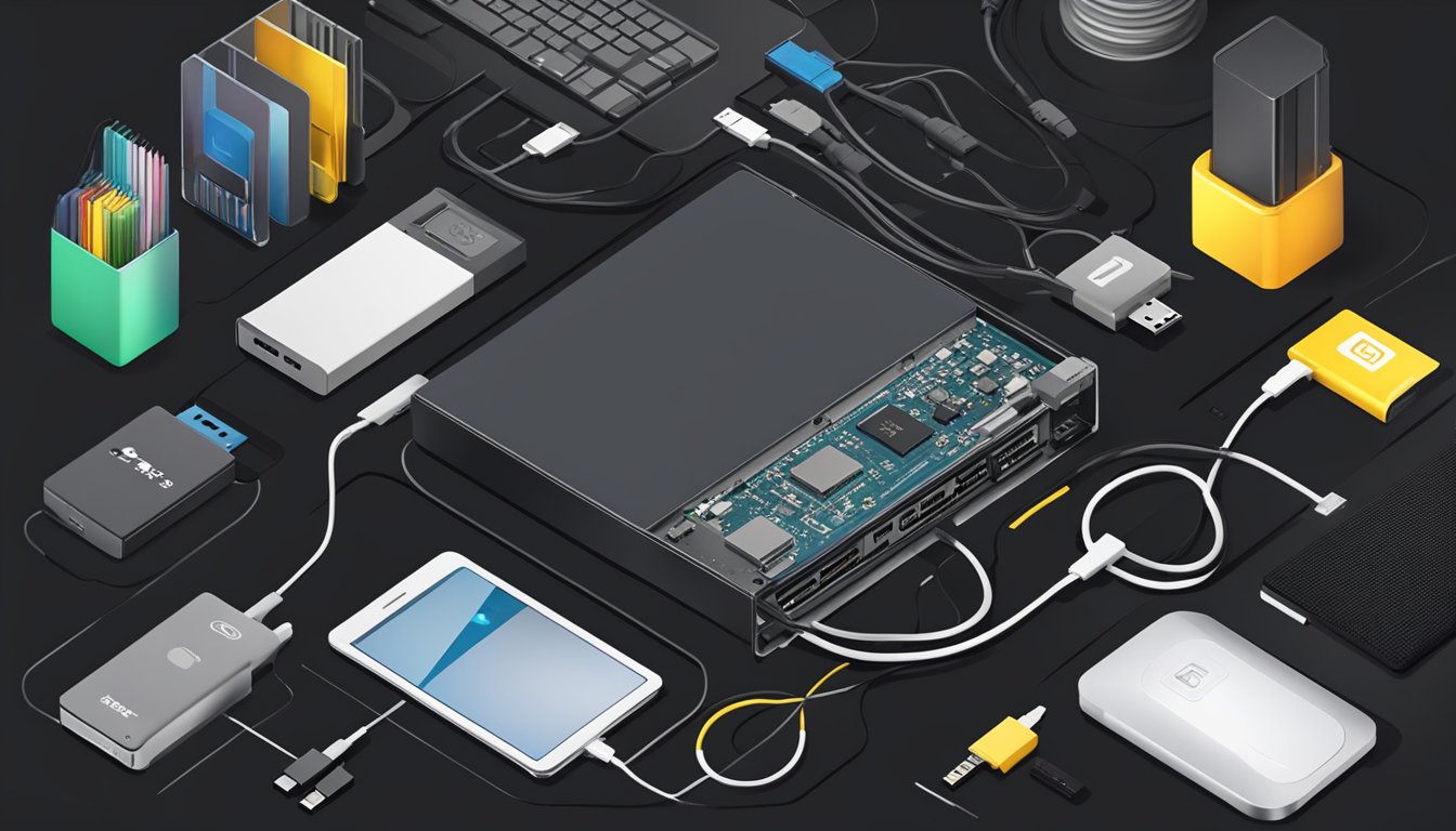 A 4tb external hard drive sitting on a sleek black desk, surrounded by various tech gadgets and cables, with a Best Buy logo in the background