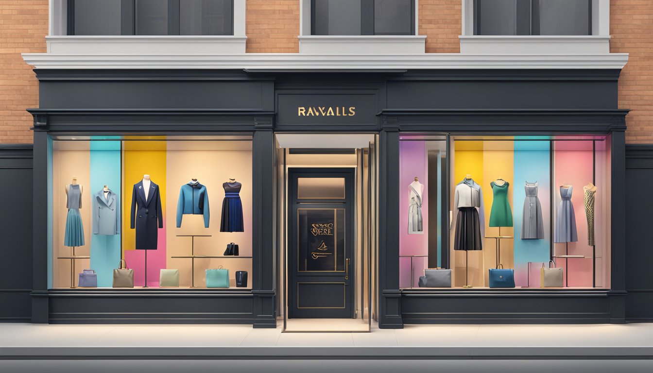 A row of iconic fashion brand logos displayed on a sleek, modern storefront