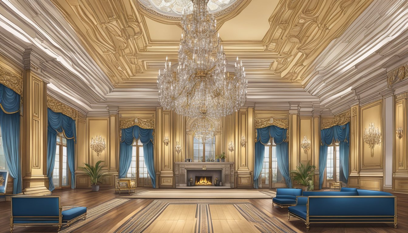 A grand hall with ornate chandeliers and regal furnishings, adorned with iconic fashion house logos and historical artifacts
