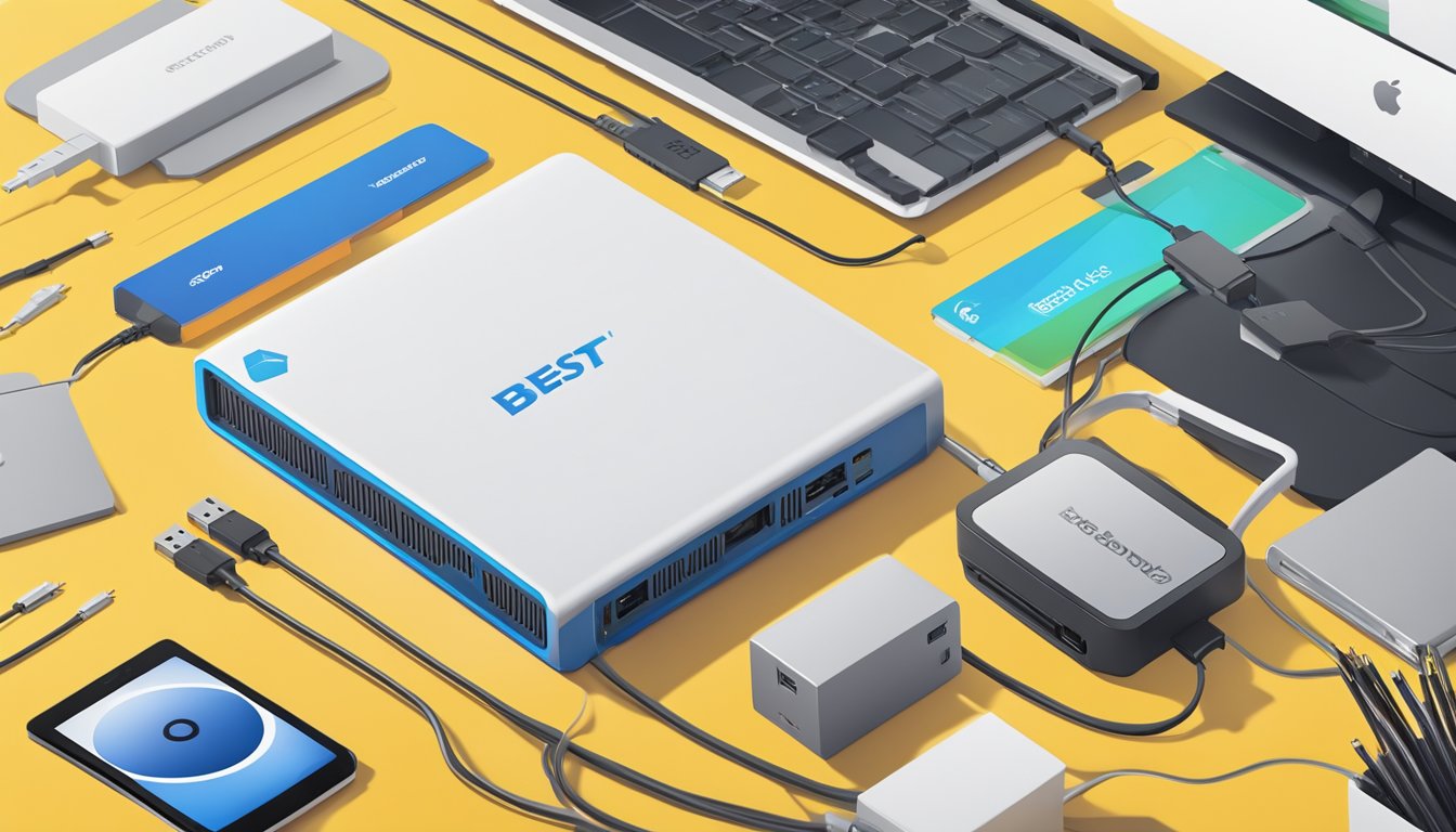 A 4TB external hard drive sits on a clean, modern desk. The Best Buy logo is visible on the packaging. The product is surrounded by neatly arranged cables and computer accessories