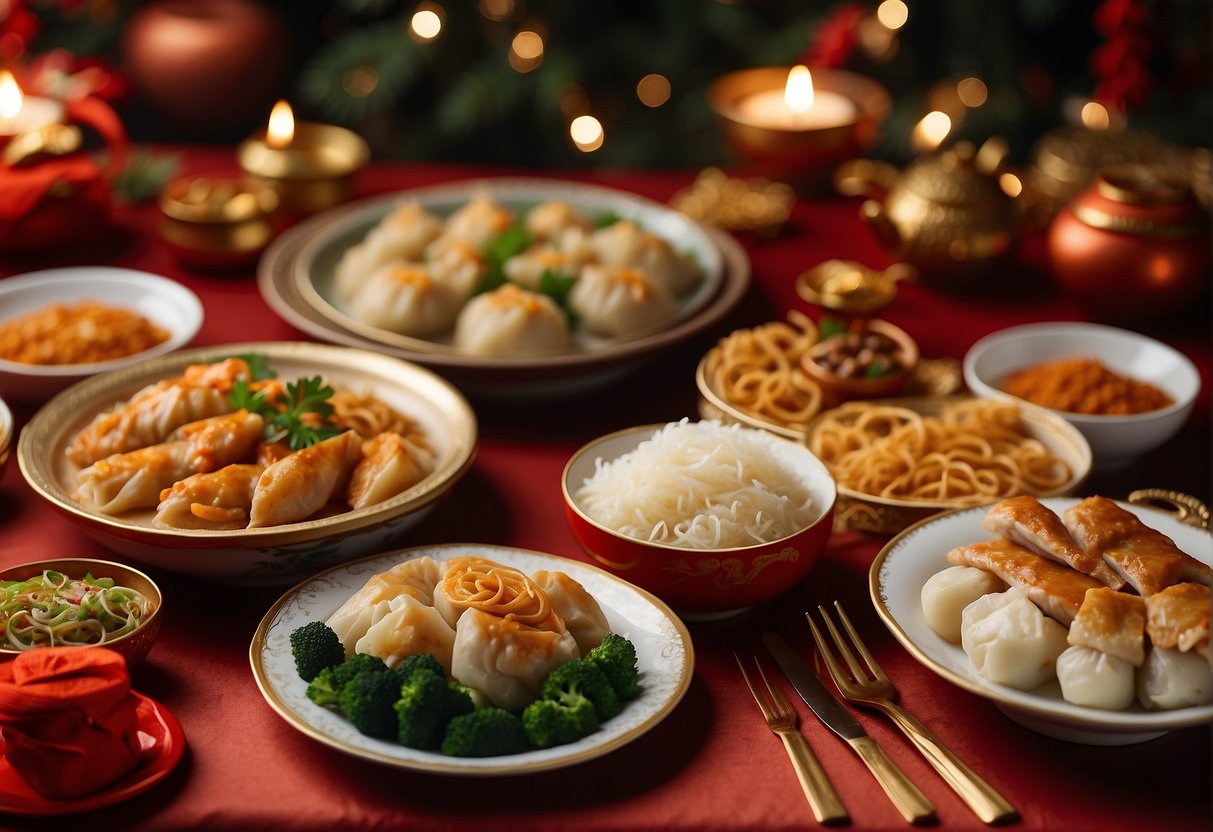 A festive table set with traditional Chinese New Year main courses, including dumplings, noodles, and whole fish, surrounded by red and gold decorations