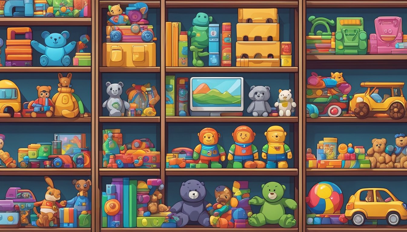 A colorful display of top selling toy brands arranged on shelves, with various types of toys such as action figures, dolls, board games, and stuffed animals