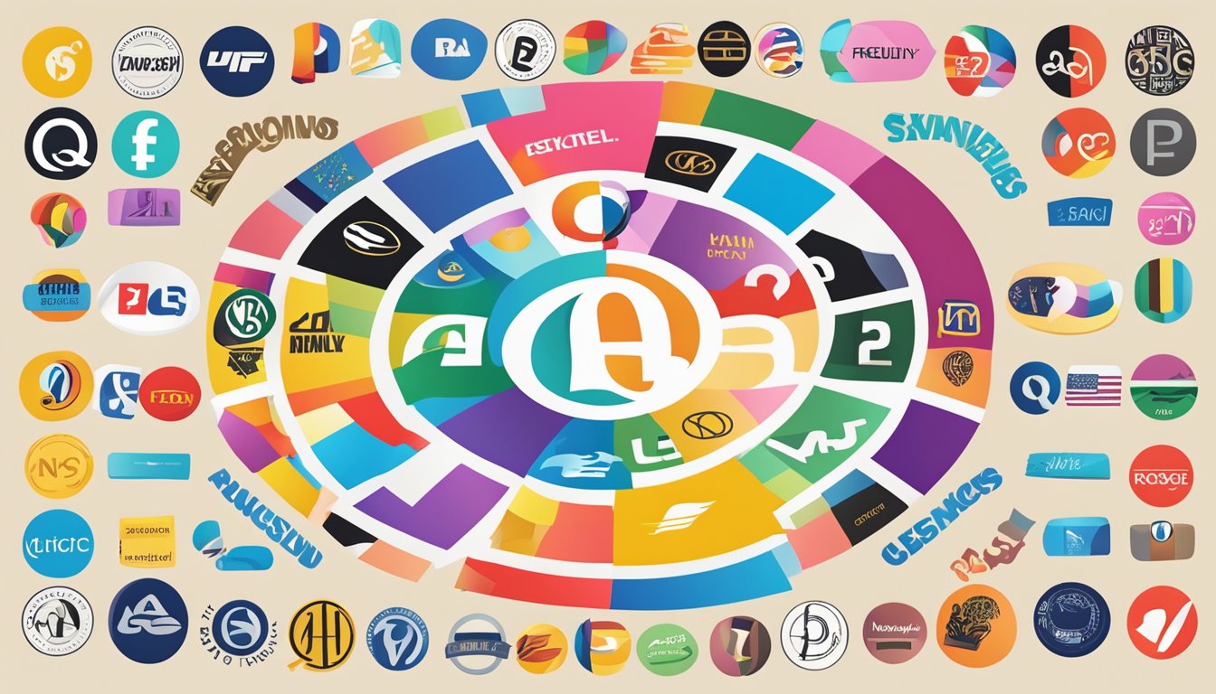 A colorful array of iconic fashion brand logos arranged in a circular pattern with "Frequently Asked Questions" text above