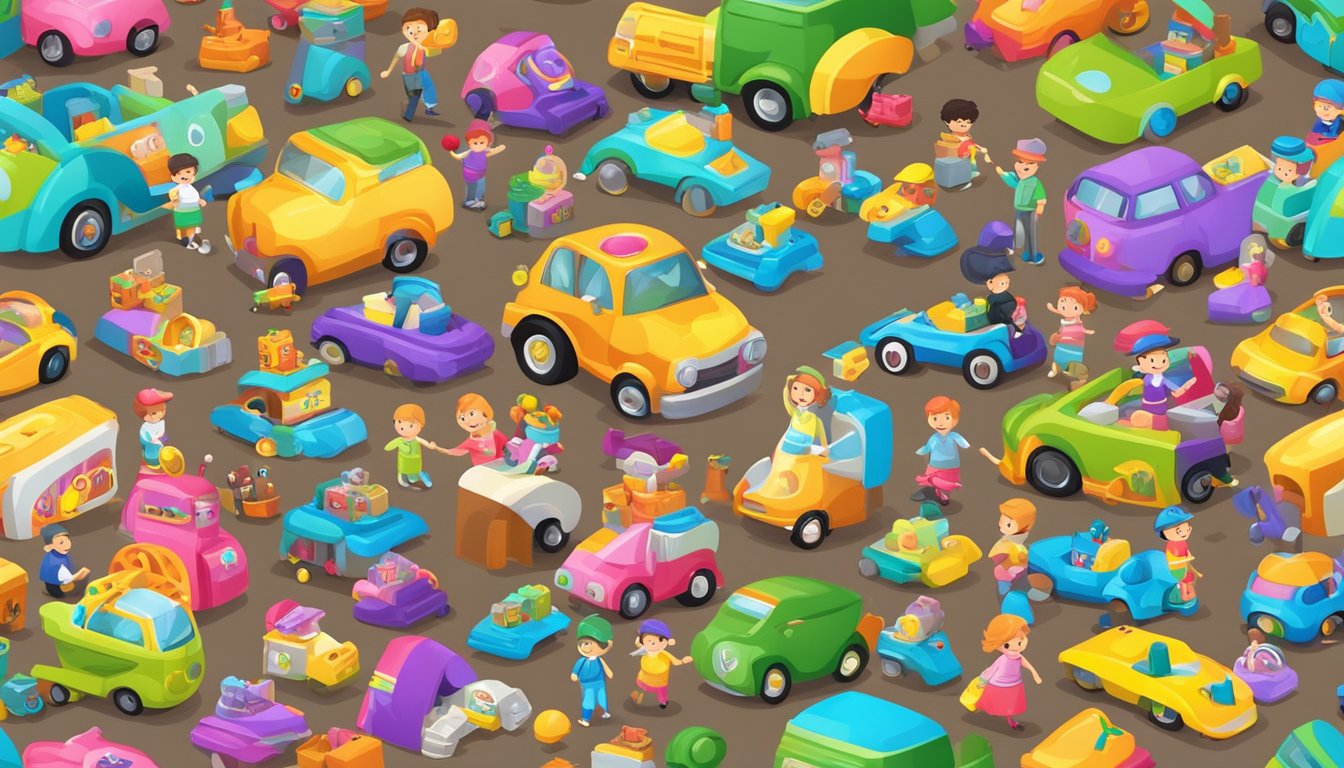 A colorful display of popular toy brands with children playing and smiling, surrounded by their favorite toys