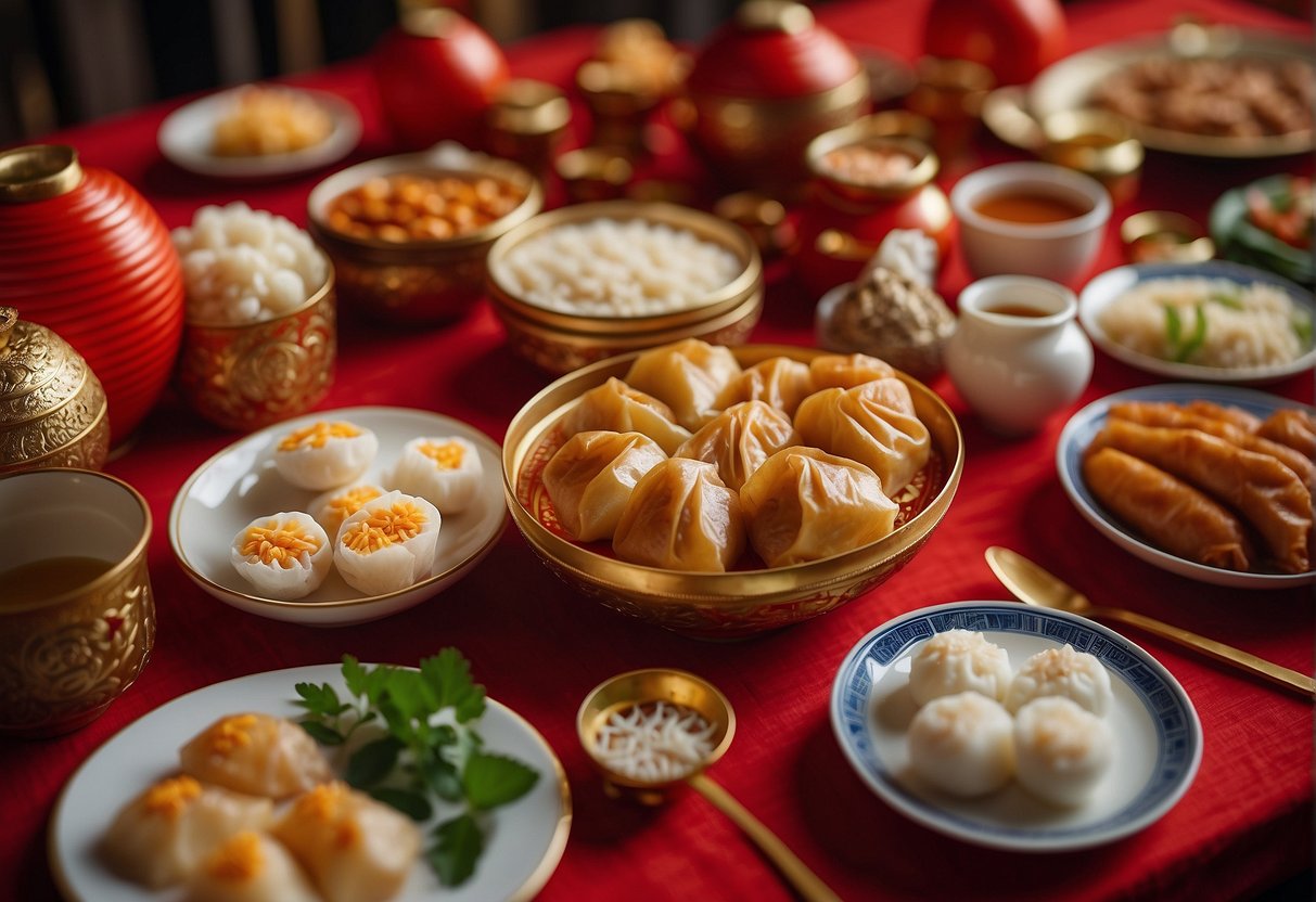 A colorful table spread with traditional Chinese New Year dishes, including dumplings, spring rolls, and sweet rice cakes. Red lanterns and gold decorations add festive touches