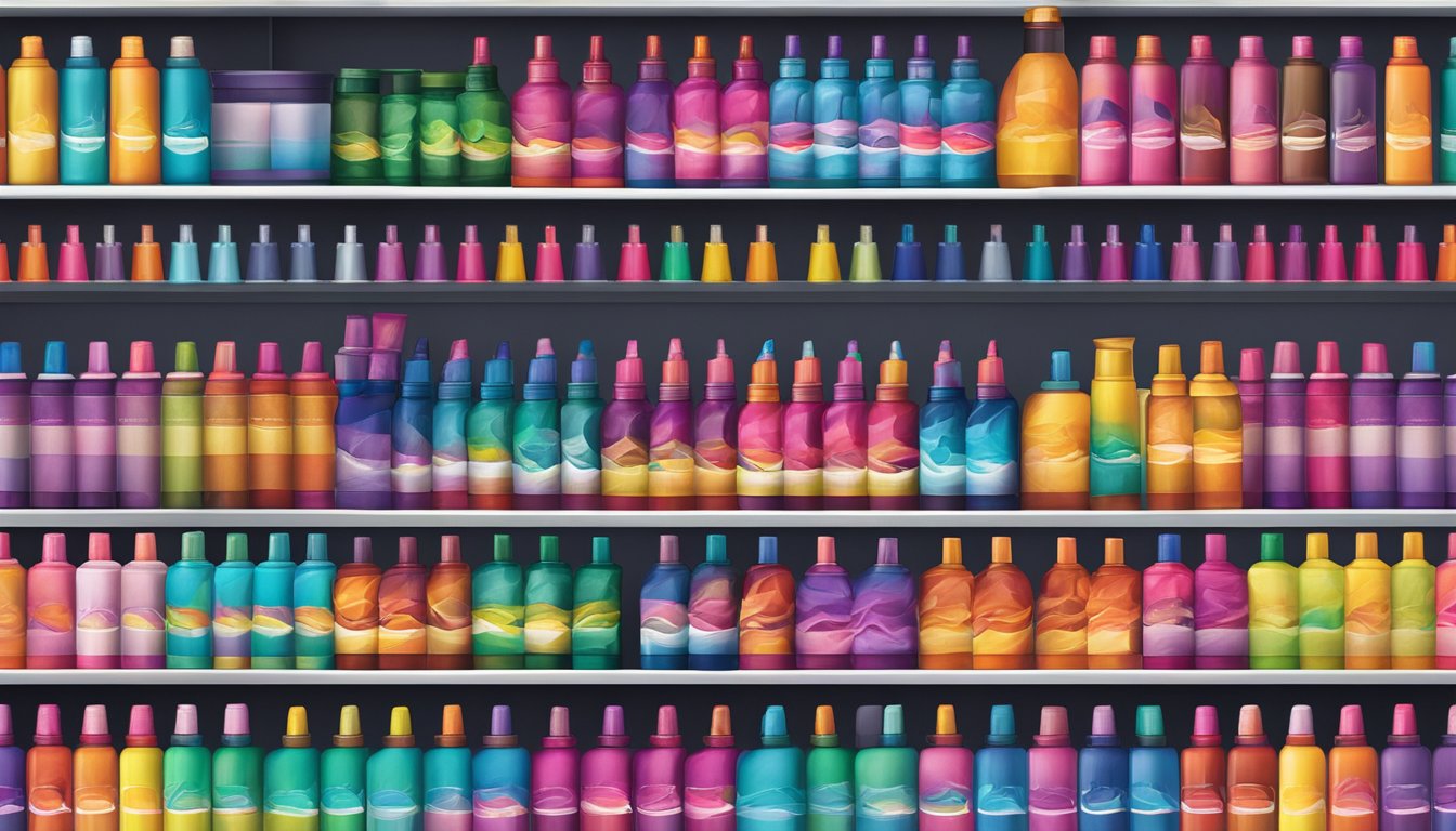Vibrant hair dye bottles arranged on a sleek, modern display shelf. Bold brand logos and colorful packaging catch the eye