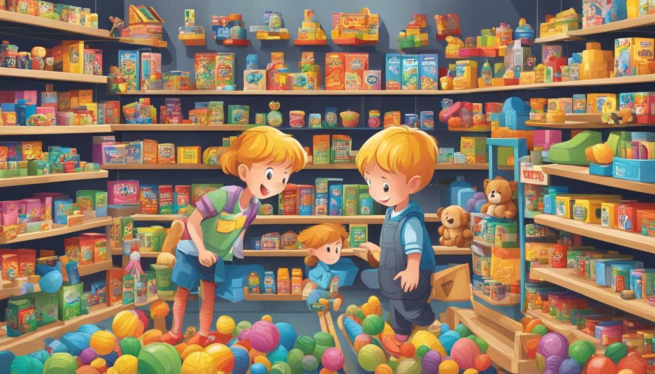 Children eagerly surround shelves filled with popular toy brands at a bustling market. Bright packaging and eye-catching displays attract their attention