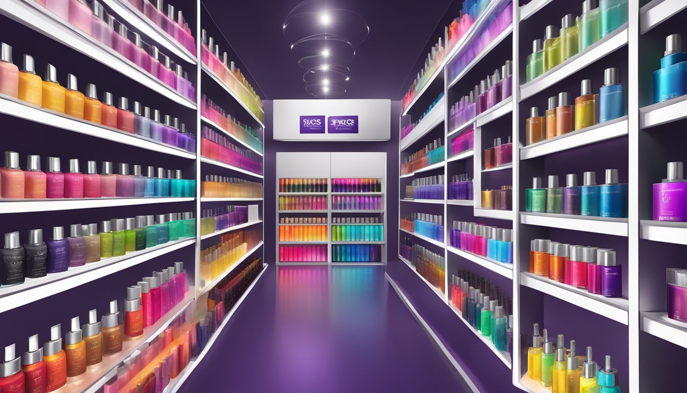 A table filled with various hair dye brands, each with vibrant colors and sleek packaging, displayed under bright lights
