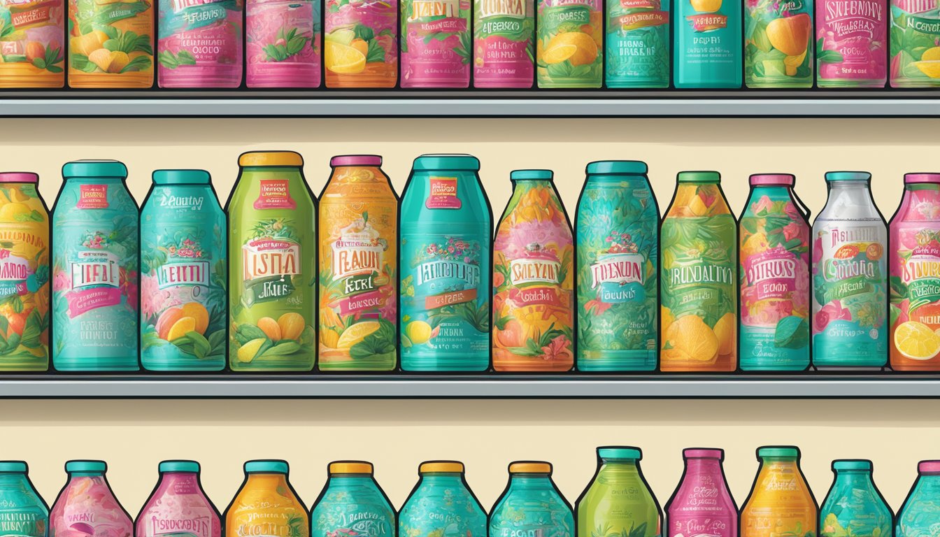 A bustling grocery store shelf displays a variety of Arizona tea flavors in Singapore, with vibrant packaging and bold lettering