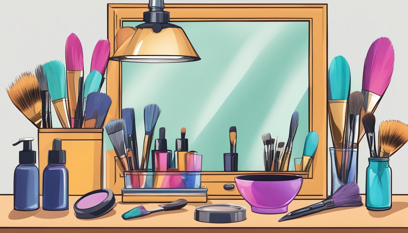A table with hair dye boxes, brushes, and gloves. A mirror reflects a person with freshly dyed hair, smiling