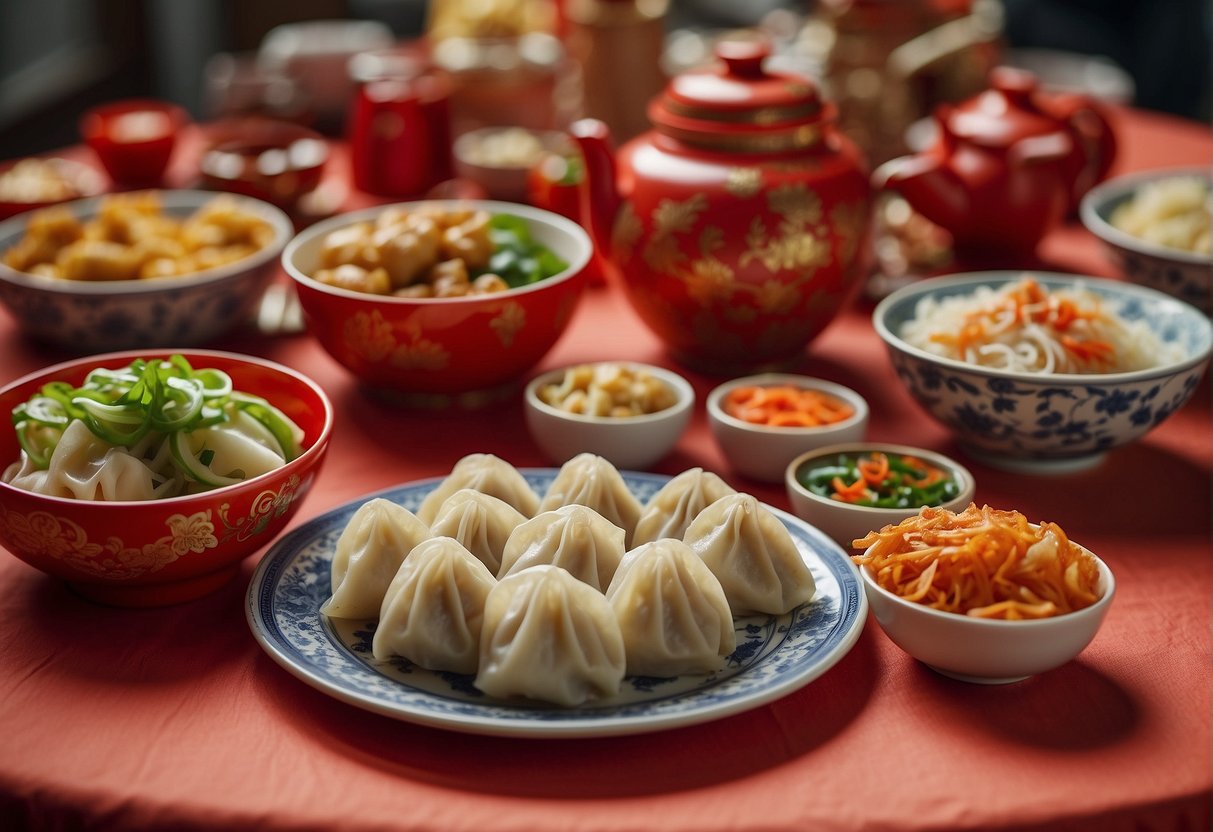 A table with various Chinese New Year dishes, including dumplings, noodles, and spring rolls. Decorations like red lanterns and lucky symbols add to the festive atmosphere