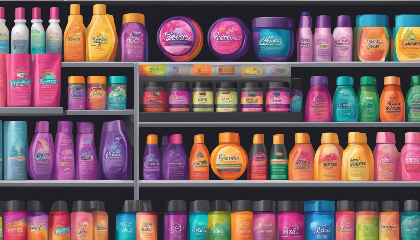 A colorful array of top hair dye brands arranged on a shelf, with bold lettering and vibrant packaging