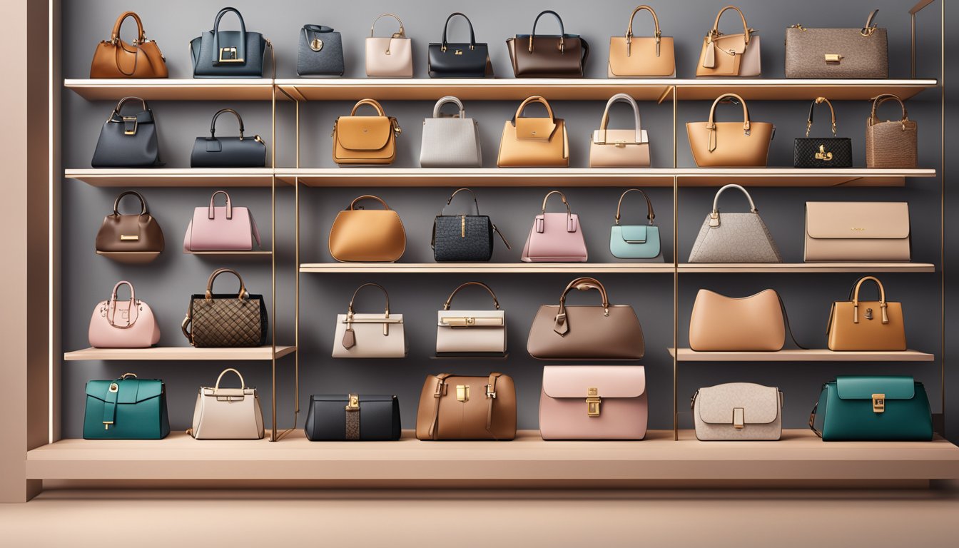 A display of top luxury handbag brands arranged on a sleek, modern shelf with soft, ambient lighting highlighting their exquisite designs and high-quality materials