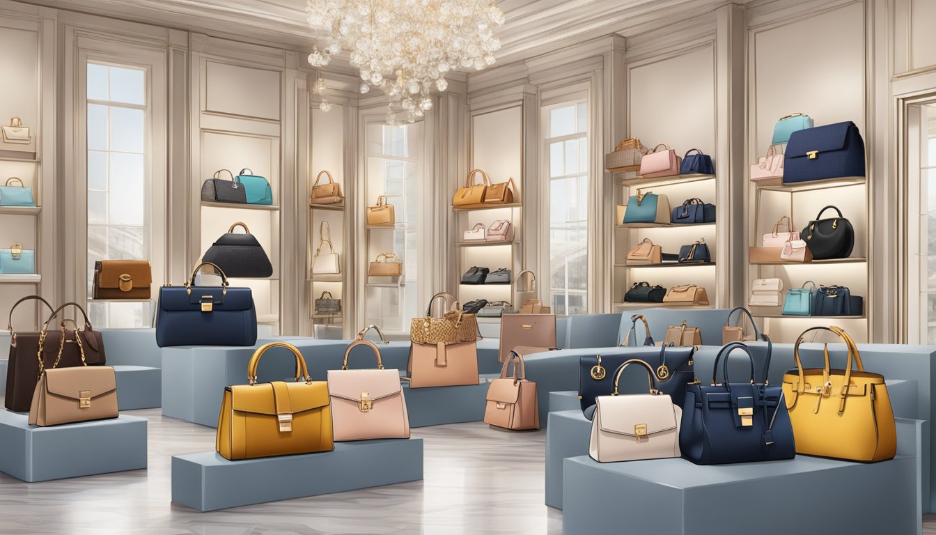 A display of iconic luxury handbags, featuring recognizable brands and high-quality materials, arranged in an elegant setting