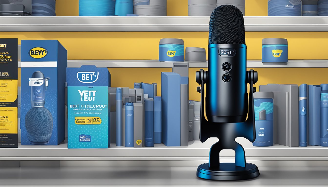 A blue Yeti Blackout microphone sits on a Best Buy store shelf
