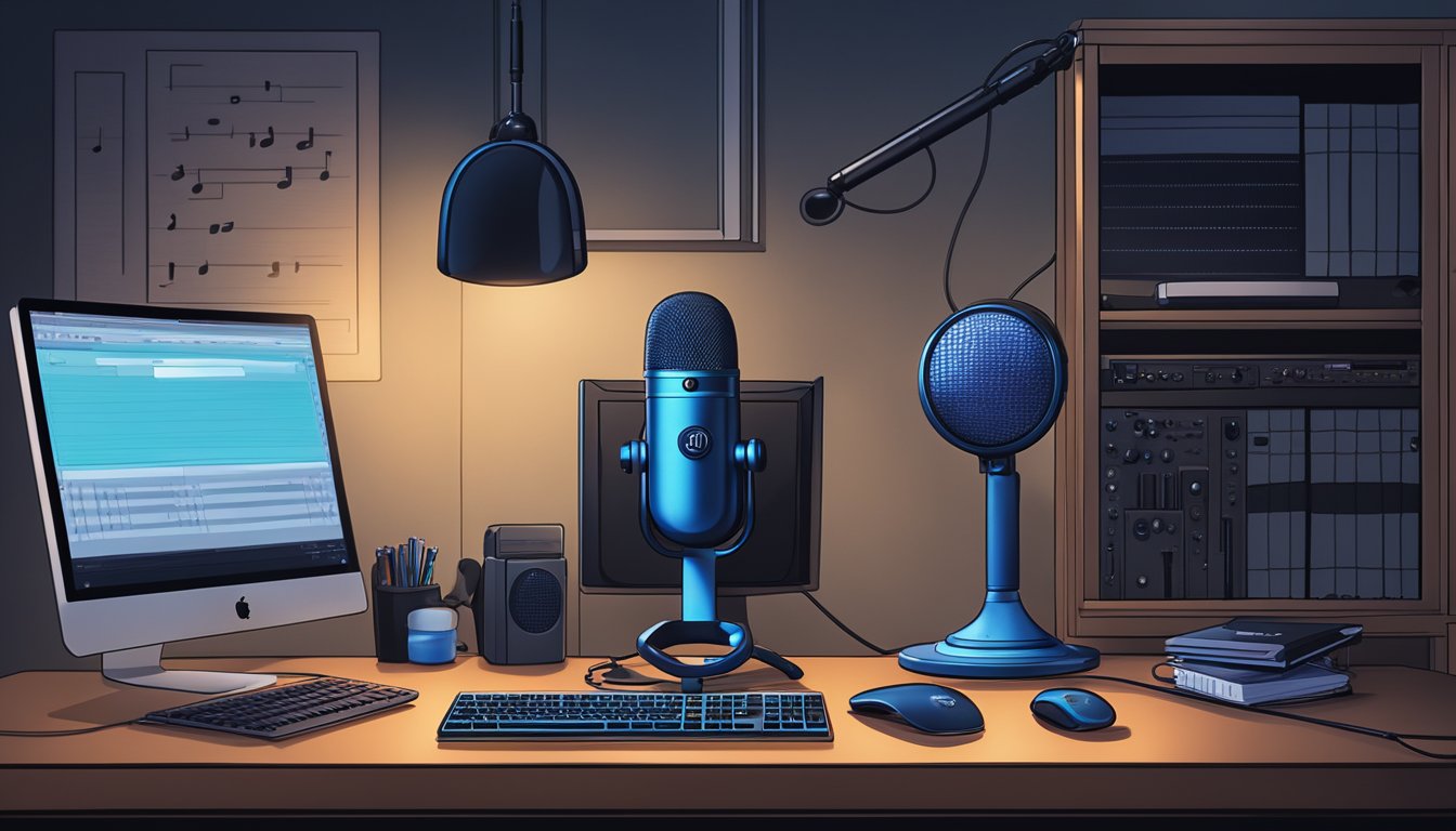 A Blue Yeti Blackout microphone sits on a sleek black desk, surrounded by a computer, headphones, and music notes. The room is dimly lit, with a warm, inviting atmosphere