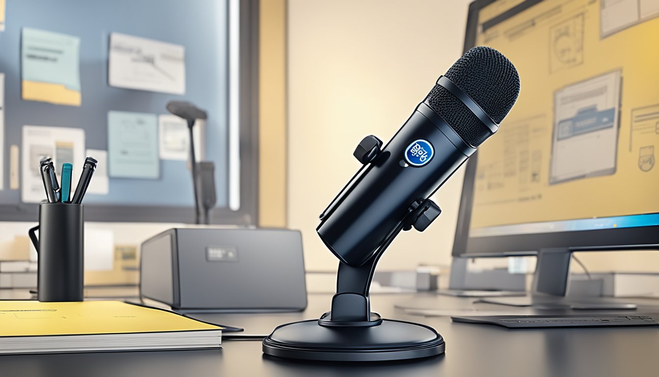 A blue Yeti Blackout microphone sits on a desk with a Best Buy logo in the background