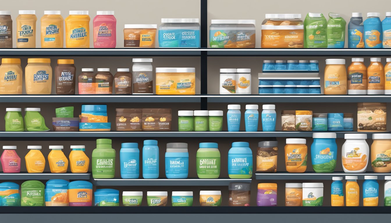 A display of top whey protein brands on a shelf, with various tubs and containers showcasing their logos and product designs