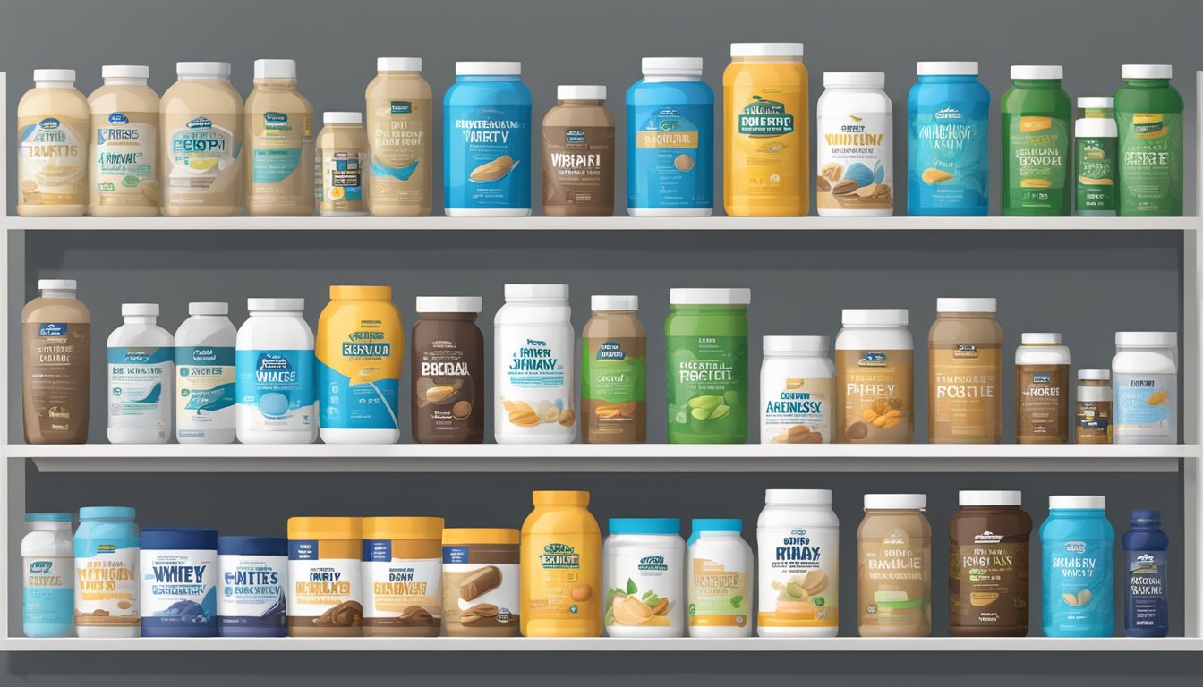 A variety of top whey protein brands arranged on a shelf for comparison