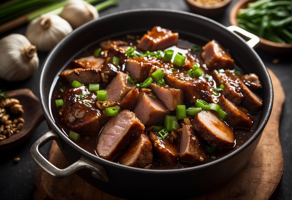 A pot of simmering braised pork with soy sauce, ginger, and star anise, surrounded by garlic, green onions, and shiitake mushrooms